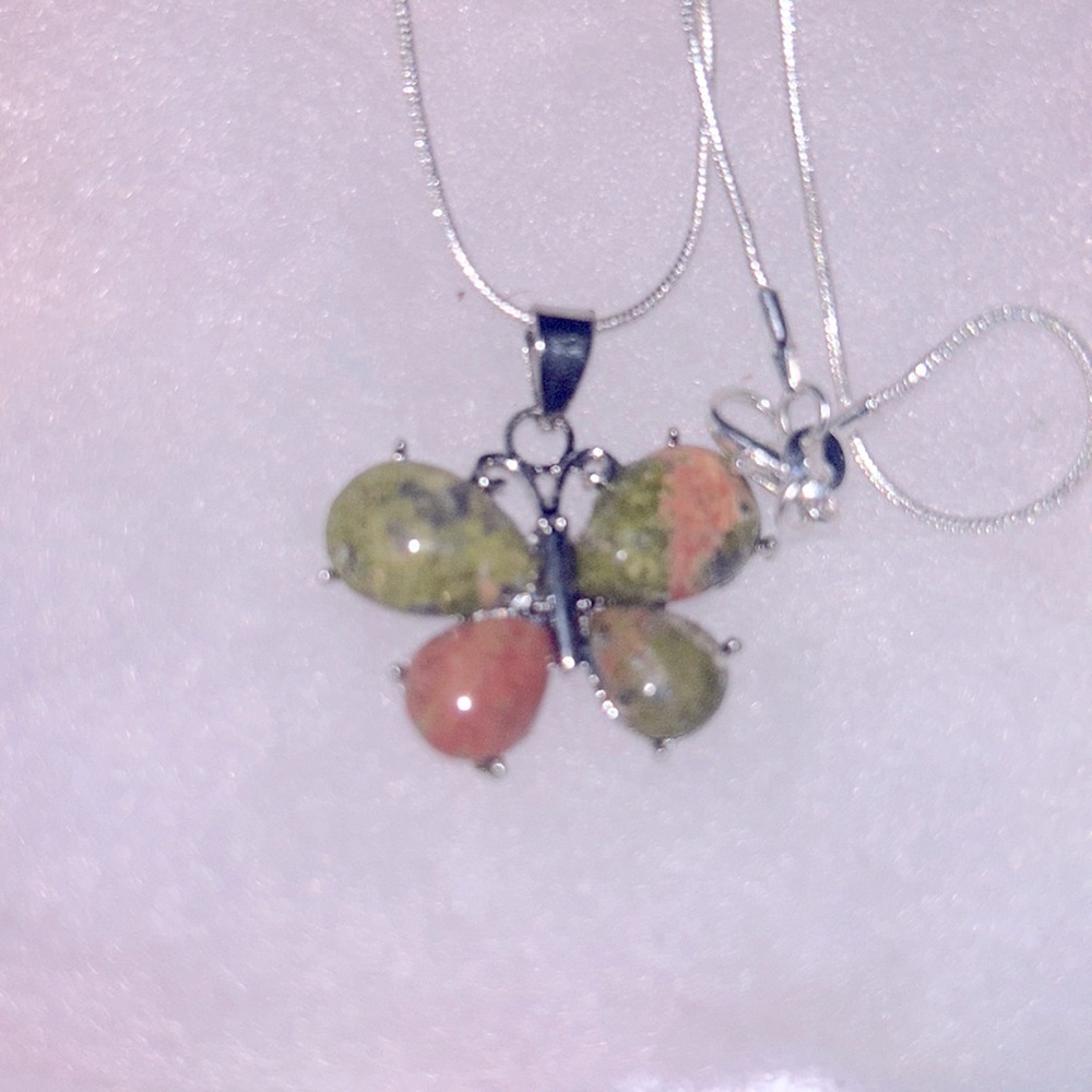 Boho hippie Unakite Butterfly Sterling Silver 16” Necklace - Picture 2 of 6